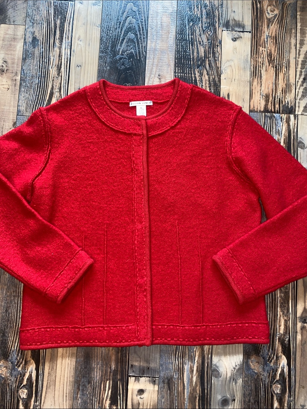 Vintage Jillian Jones Wool Red Knit Round-Neck button Cardigan